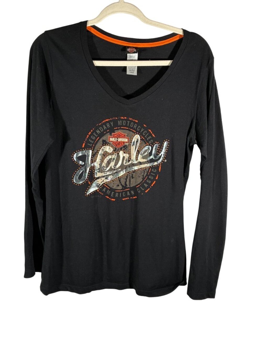 Harley-Davidson Womens Black Long Sleeve V-Neck T-Shirt Cancun Mexico Large Cott